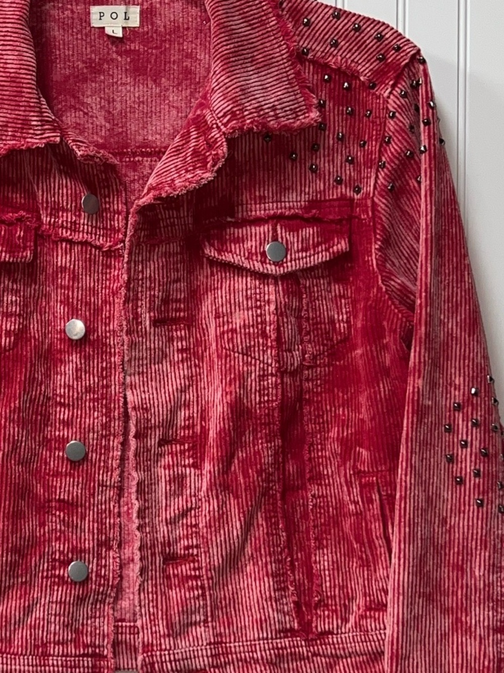 POL Red Distressed Studded Corduroy Trucker Jacket L